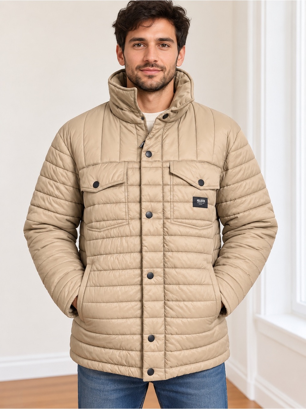 Vans Men’s Quilted Puffer Jacket Tan Khaki Snap Front Size M